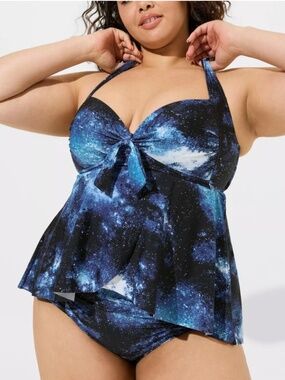 torrid Galaxy Swim Set-Blue Black Wireless Flowy Tankini Rushed Bottom size 3